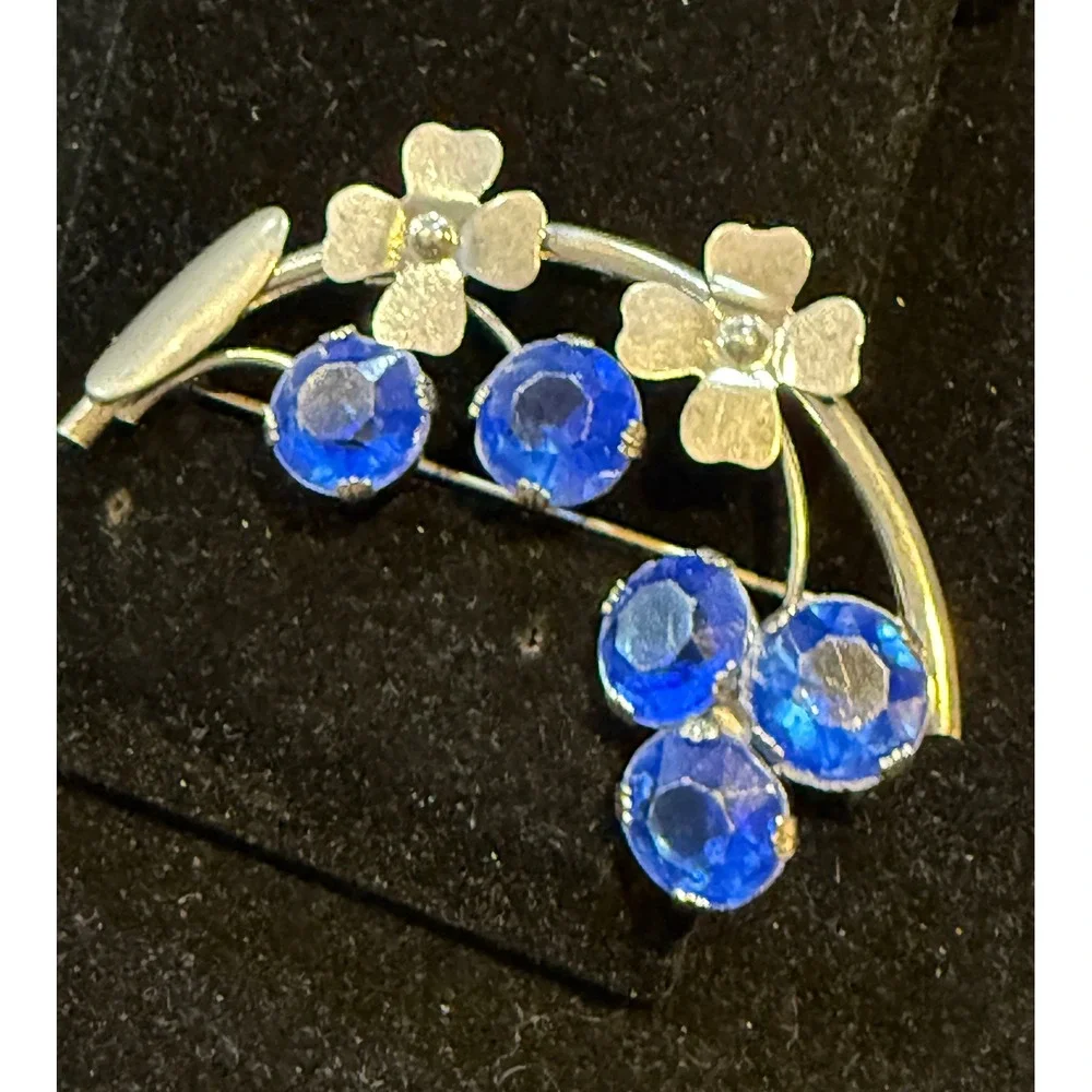Vintage Sterling Silver Blue Rhinestone Floral Brooch Pin Mid Century Modern